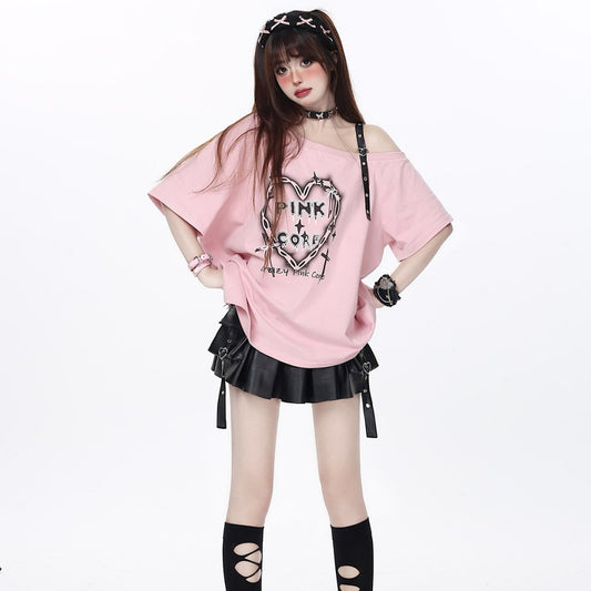 Kawaii Punk Girl Style Leather Button Off-shoulder Loose T-shirt