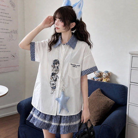 Kawaii Puppy Embroidered Gingham Collar Blouse