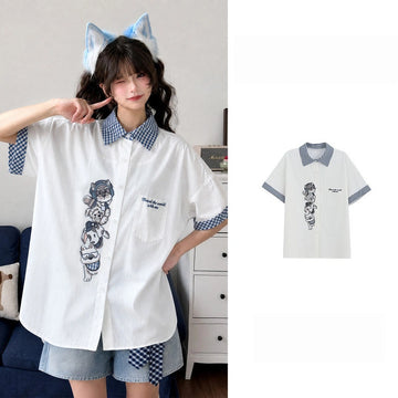 Kawaii Puppy Embroidered Gingham Collar Blouse