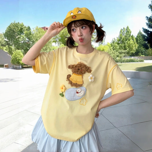 Kawaii Puppy Embroidered Oversized T-Shirt