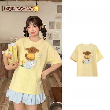 Kawaii Puppy Embroidered Oversized T-Shirt