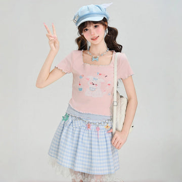 Kawaii Puppy Print Square Neck Crop T-Shirt
