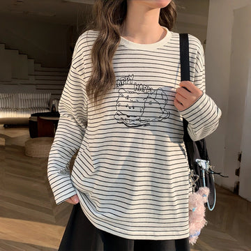 Kawaii Puppy Striped Oversized Long Sleeve T-Shirt