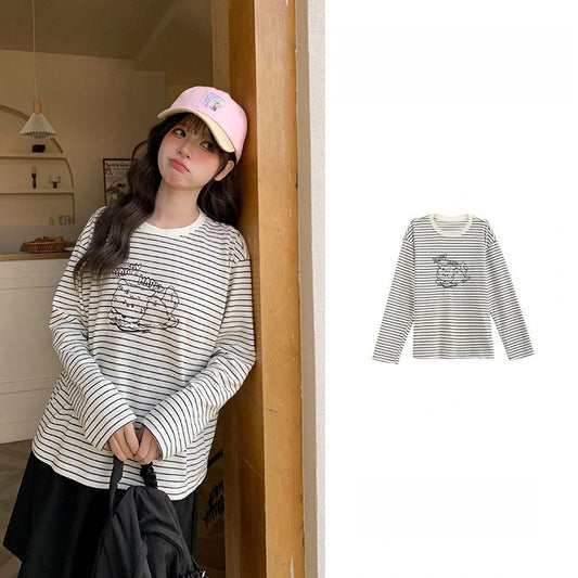 Kawaii Puppy Striped Oversized Long Sleeve T-Shirt