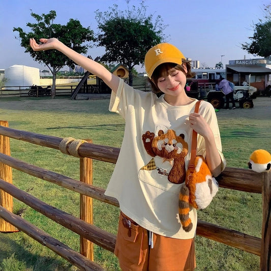 Kawaii Raccoon Embroidered Oversized T-Shirt