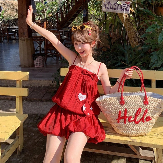Kawaii Red Lace Trim Camisole Dress