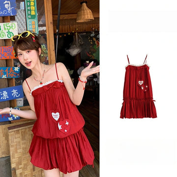 Kawaii Red Lace Trim Camisole Dress
