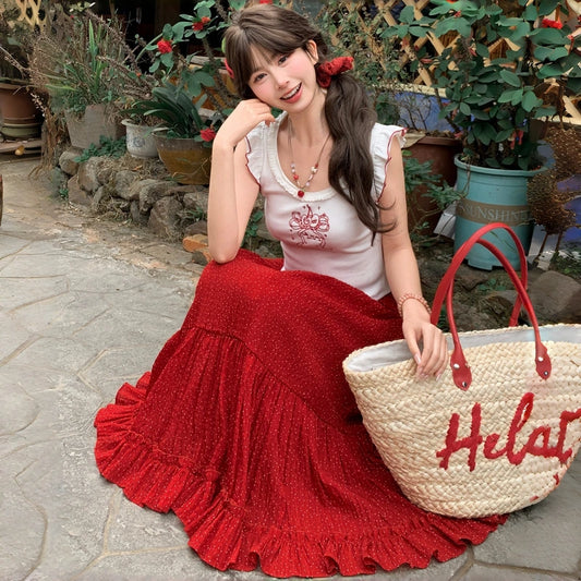 Kawaii Red Polka Dot Ruffle Long Skirt