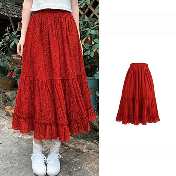 Kawaii Red Polka Dot Ruffle Long Skirt
