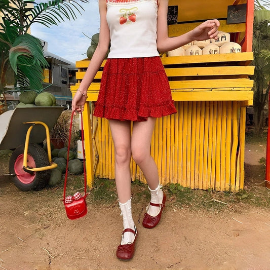 Kawaii Red Polka Dot Tiered Mini Skirt