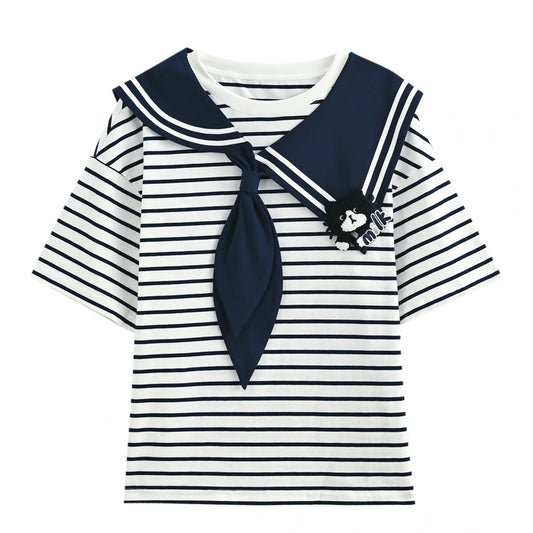 Kawaii Sailor Collar Blue Striped Outfit T-Shirt
