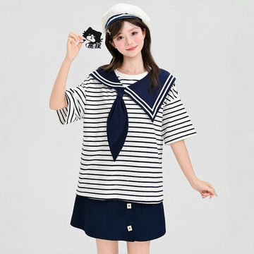 Kawaii Sailor Collar Blue Striped Outfit T-Shirt