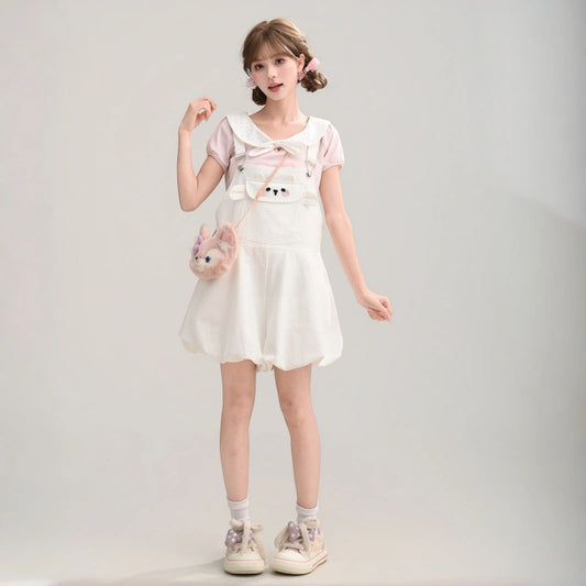 Kawaii Sheep Embroidered Bubble Overall Shorts