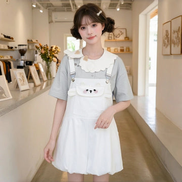 Kawaii Sheep Embroidered Bubble Overall Shorts