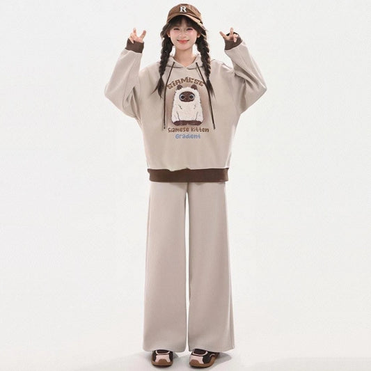 Kawaii Siamese Cat Embroidered Loose Hooded Sweatshirt