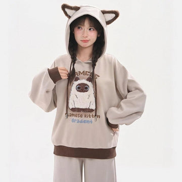 Kawaii Siamese Cat Embroidered Loose Hooded Sweatshirt