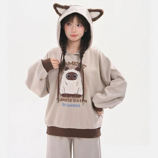 Kawaii Siamese Cat Embroidered Loose Hooded Sweatshirt