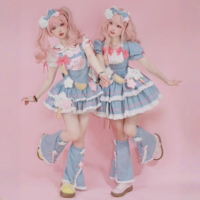 Kawaii Soft Girl Style Blue Pink Lolita OP Dress Set