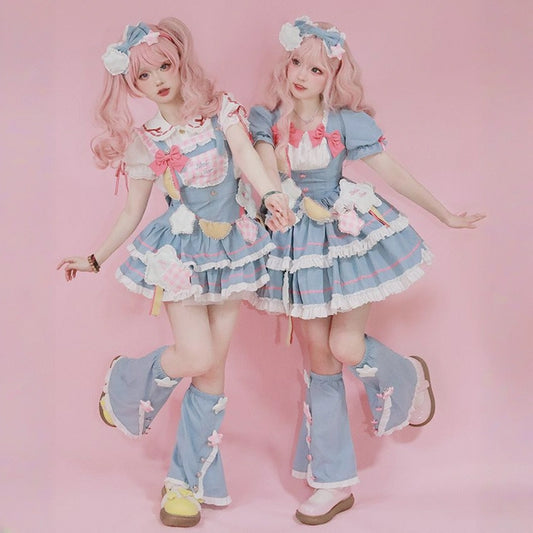 Kawaii Soft Girl Style Blue Pink Lolita OP Dress Set