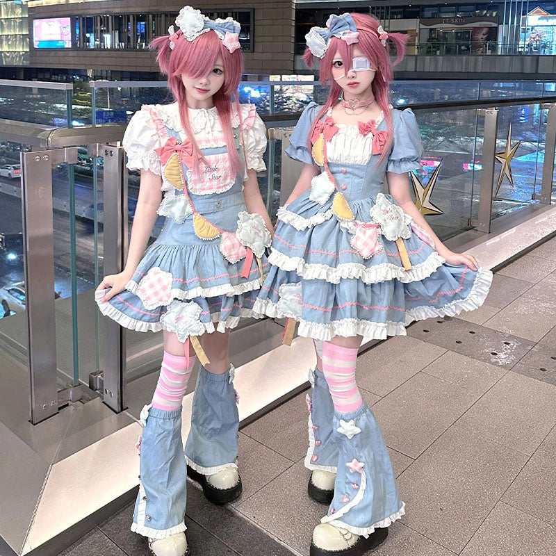 Kawaii Soft Girl Style Blue Pink Lolita OP Dress