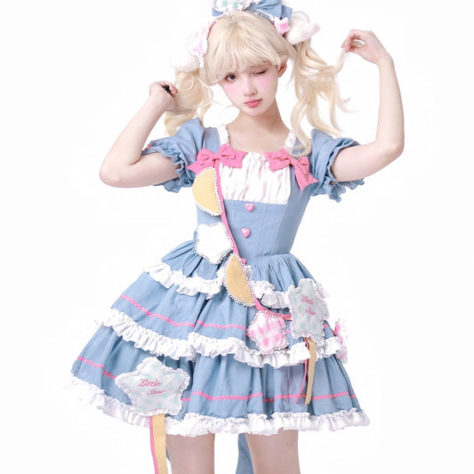 Kawaii Soft Girl Style Blue Pink Lolita OP Dress Set