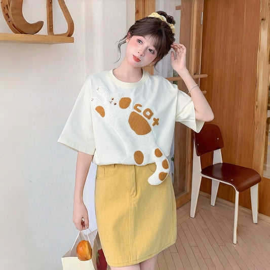 Kawaii Soft Girl Style Cat Embroidered Oversized T-Shirt