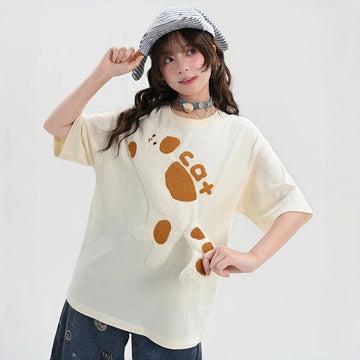 Kawaii Soft Girl Style Cat Embroidered Oversized T-Shirt
