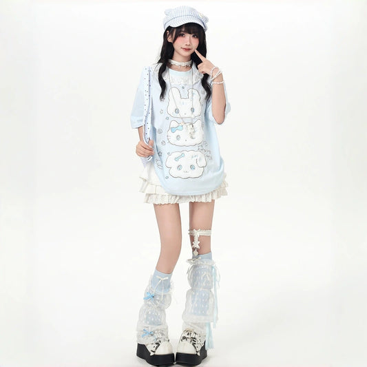 Kawaii Soft Girl Style Plush Bunny Lace Trim Oversized T-Shirt