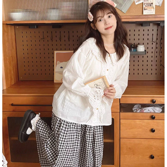 Kawaii Soft Girl Style White Lace Collar Blouse