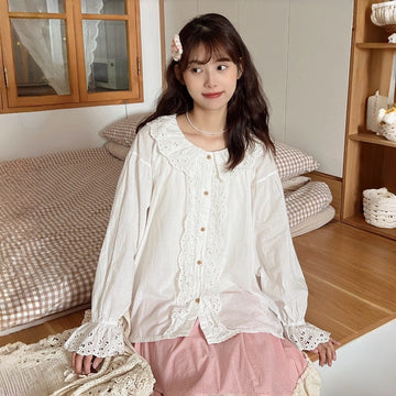 Kawaii Soft Girl Style White Lace Collar Blouse