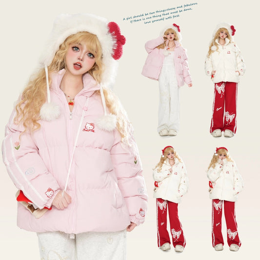 Kawaii Soft Style Pink Hello Kitty Printed Cotton Coat