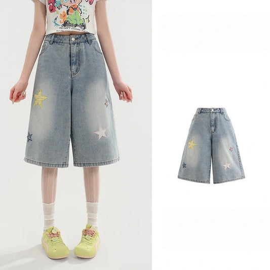 Kawaii Star Embroidered High Waist Denim Shorts