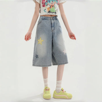 Kawaii Star Embroidered High Waist Denim Shorts