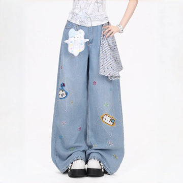 Kawaii Star Embroidered Wide-Leg Jeans