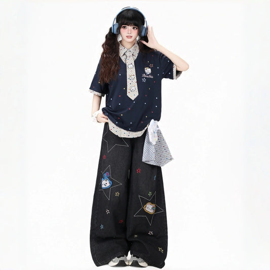 Kawaii Star Embroidered Wide-Leg Jeans