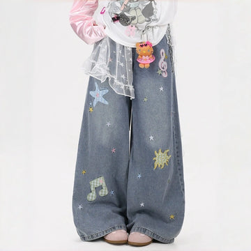 Kawaii Star & Music Embroidered Wide-Leg Jeans