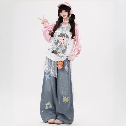 Kawaii Star & Music Embroidered Wide-Leg Jeans
