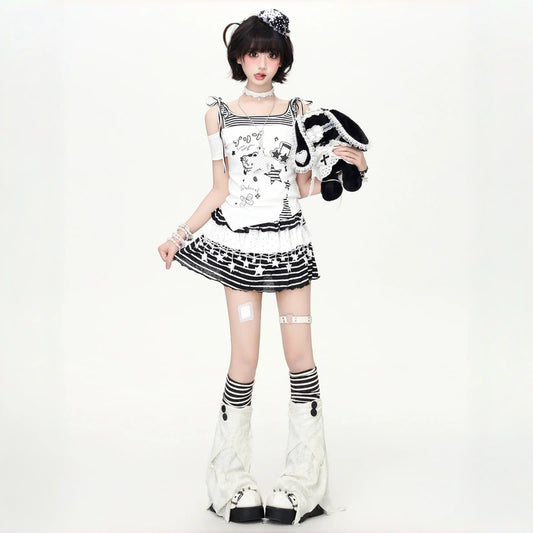 Kawaii Star Stripe Ruffle High Waist Cake Skirt