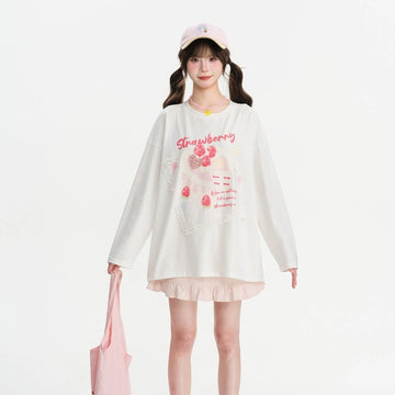 Kawaii Strawberry Cake Print Long Sleeve T-Shirt