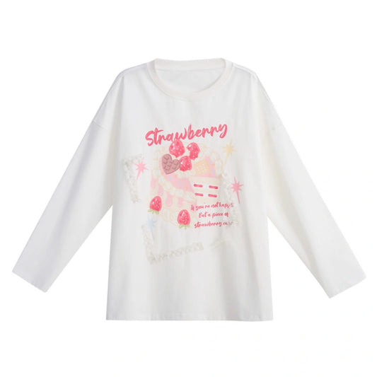 Kawaii Strawberry Cake Print Long Sleeve T-Shirt