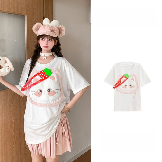 Kawaii Strawberry Cat Graphic T-Shirt