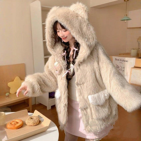 Kawaii Style Bear Ears Hooded Plush Coat
