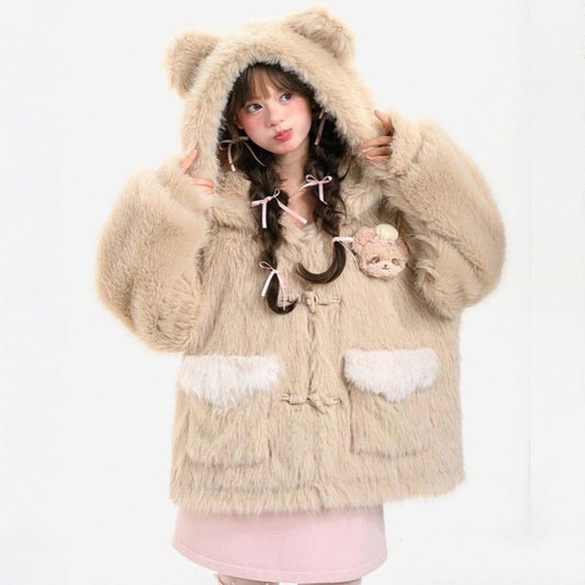 Kawaii Style Bear Ears Hooded Plush Coat