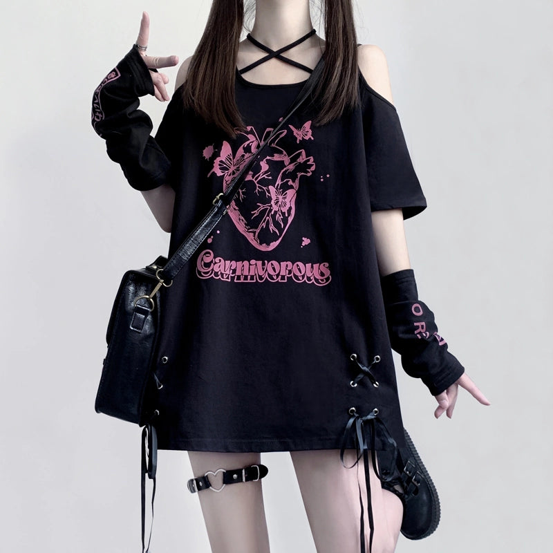 Kawaii Subculture Cartoon Pattern Print Strapless Tie T-shirt