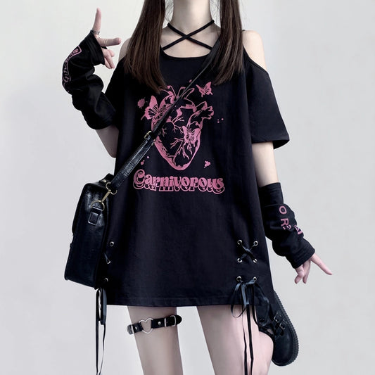 Kawaii Subculture Style Cartoon Pattern Print Strapless Tie T-shirt