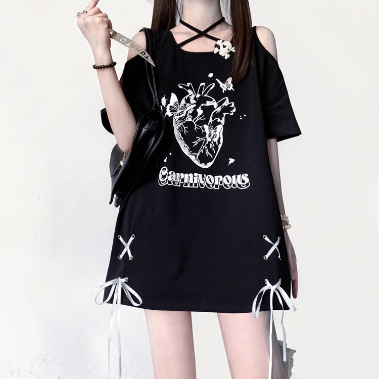 Kawaii Subculture Cartoon Pattern Print Strapless Tie T-shirt