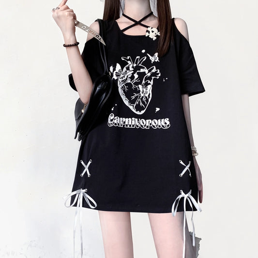 Kawaii Subculture Style Cartoon Pattern Print Strapless Tie T-shirt