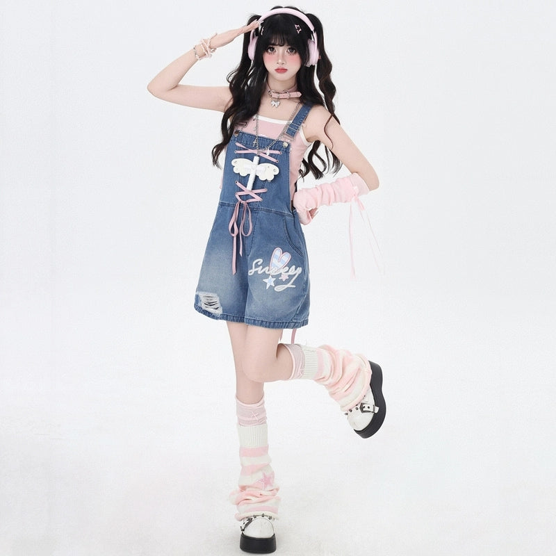 Kawaii Sweet Blue Bunny Ears Denim Overalls