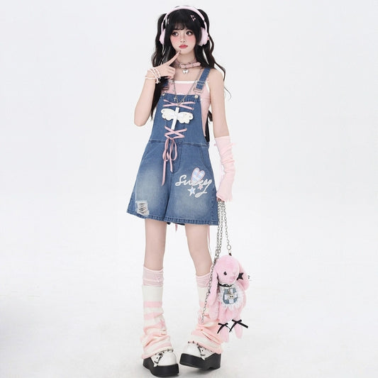 Kawaii Sweet Blue Bunny Ears Denim Overalls