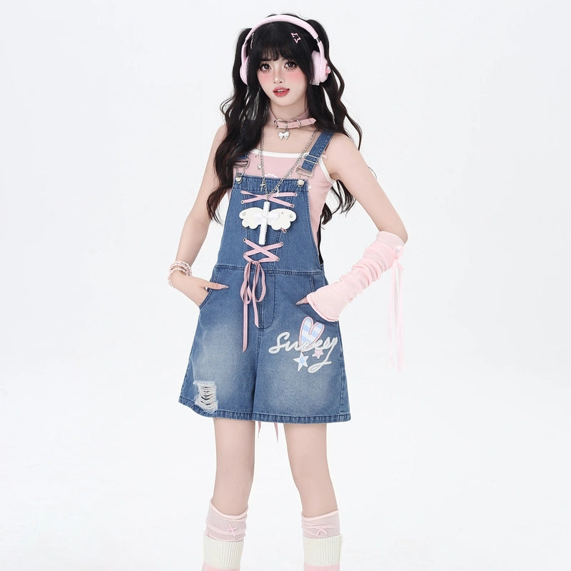 Kawaii Sweet Blue Bunny Ears Denim Overalls